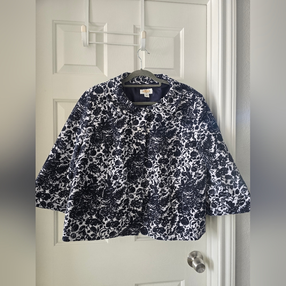 Talbots navy blue and white floral blazer women size 16W - Picture 2 of 15